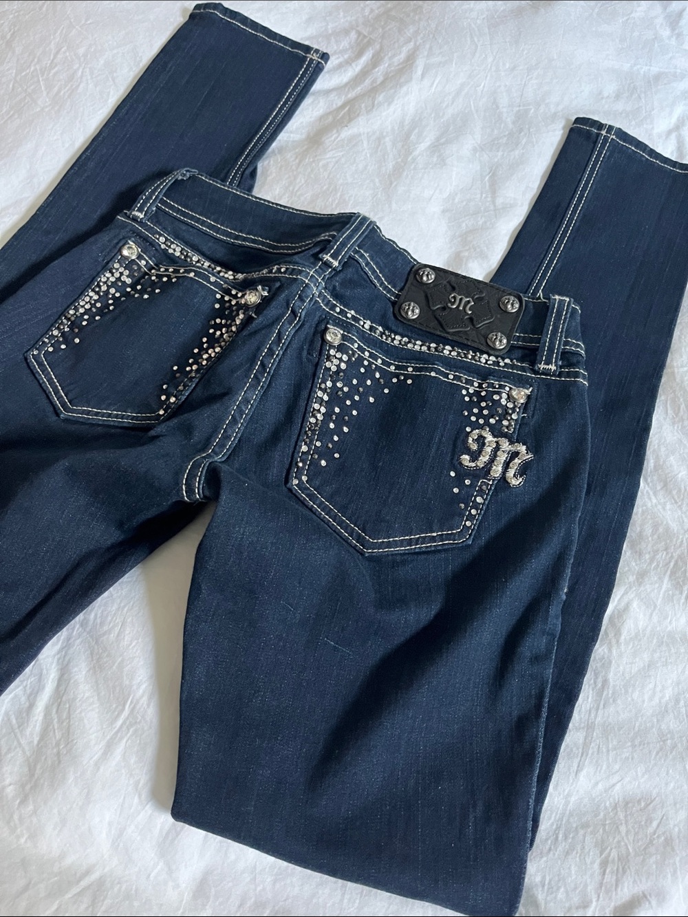 Miss me true vintage Y2K dark wash skinny jeans denim leggings lowrise bejeweled